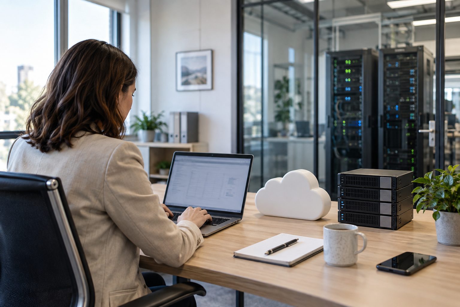 Gestión empresarial y alojamiento del software Responsable de empresa trabajando con un portátil junto a una sala de servidores