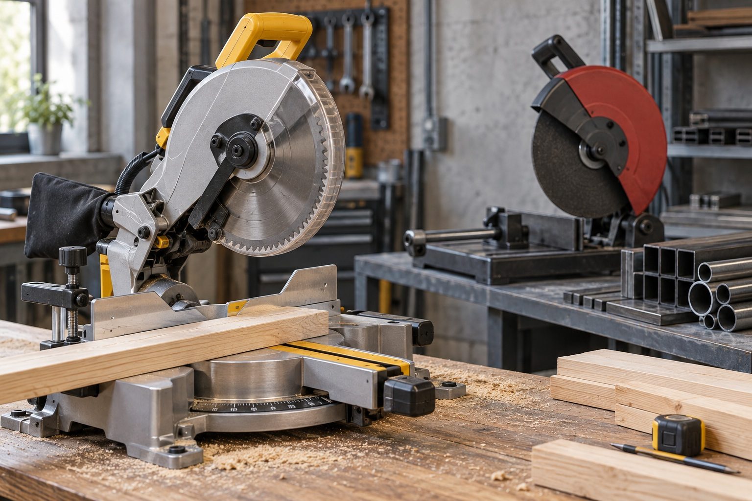 Comparativa de tronzadoras para madera y metal Ingletadora para madera y tronzadora abrasiva para metal en un taller