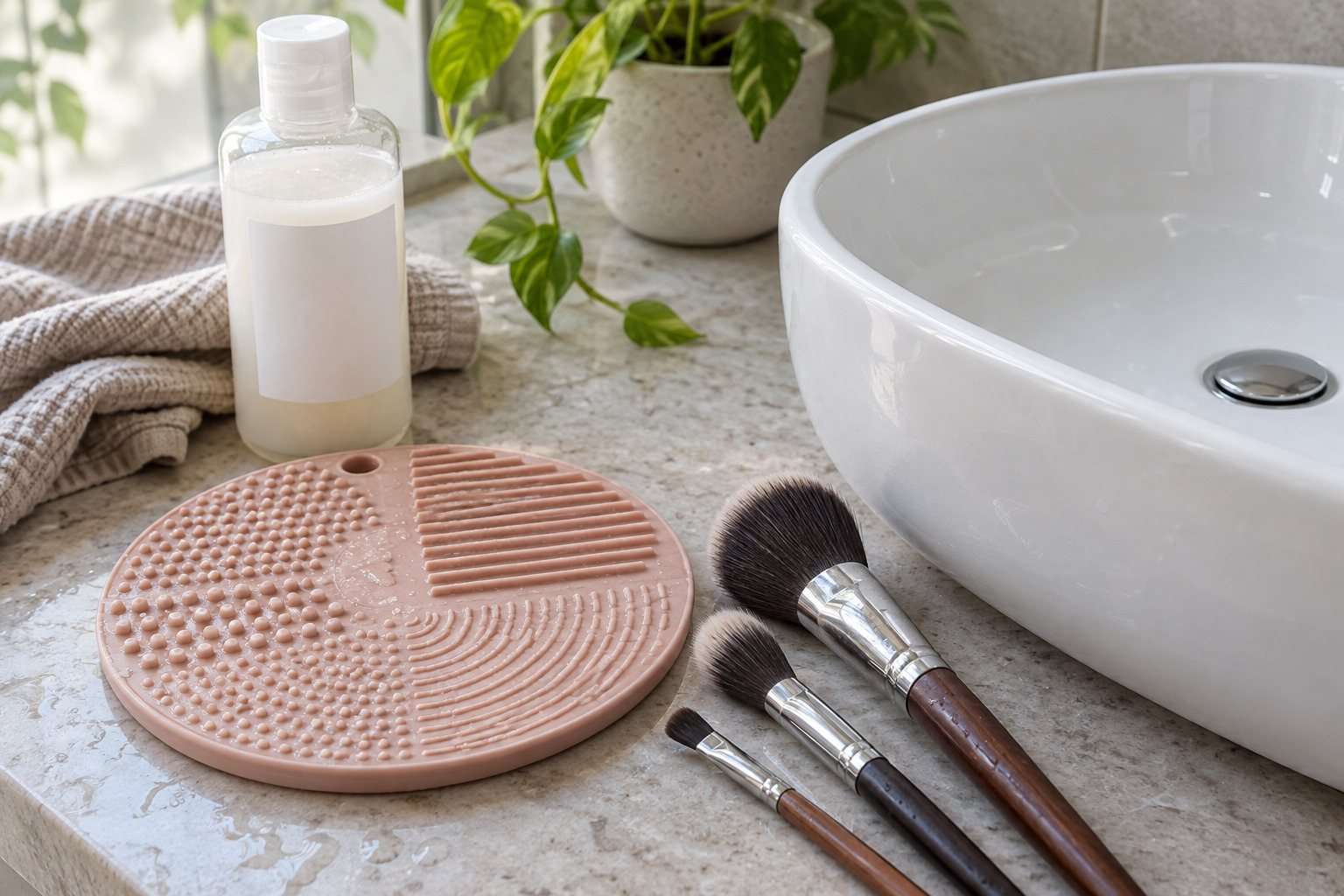 Limpiador de brochas de maquillaje: qué formato merece la pena en tu rutina — Imagen 1 Brochas de maquillaje, botella de limpiador y alfombrilla de silicona junto a un lavabo.